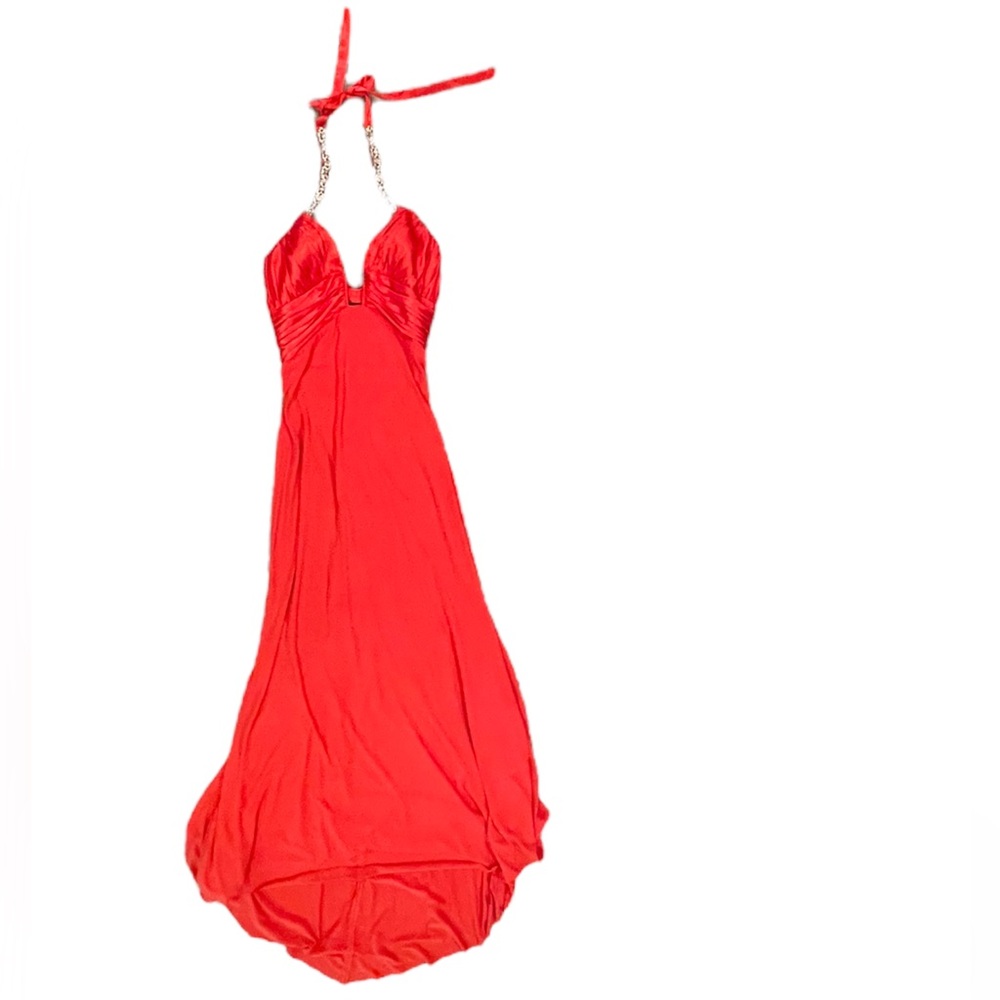 Mary L couture orangy red rhinestone plunging formal dress evening gown 2